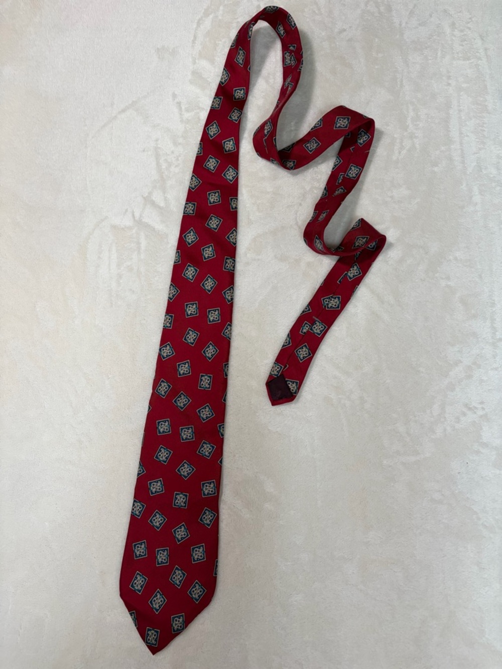 Vintage Halston Men's Geometric Red Blue Beige 100% Italian Silk Woven Tie